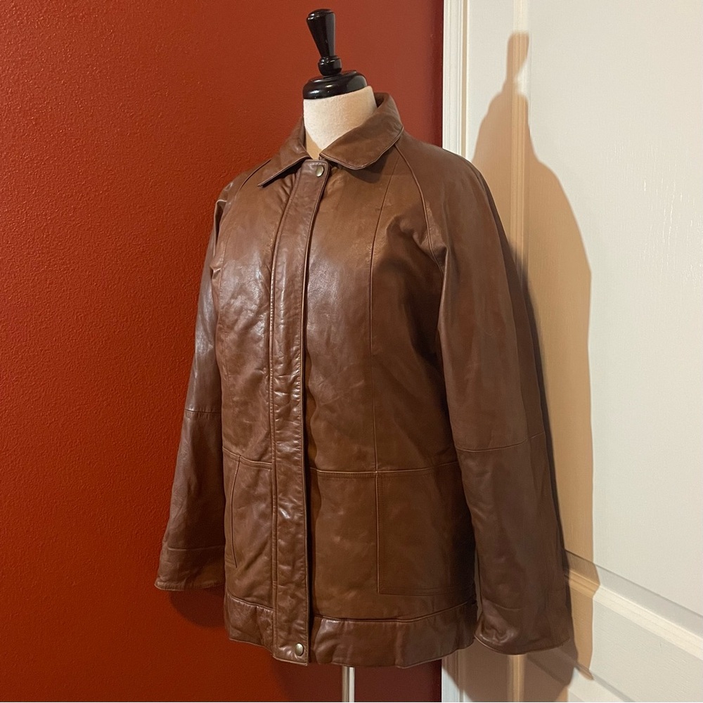 Eddie Bauer Women’s Vintage Caramel Goose Down Distressed Genuine Leather Jacket